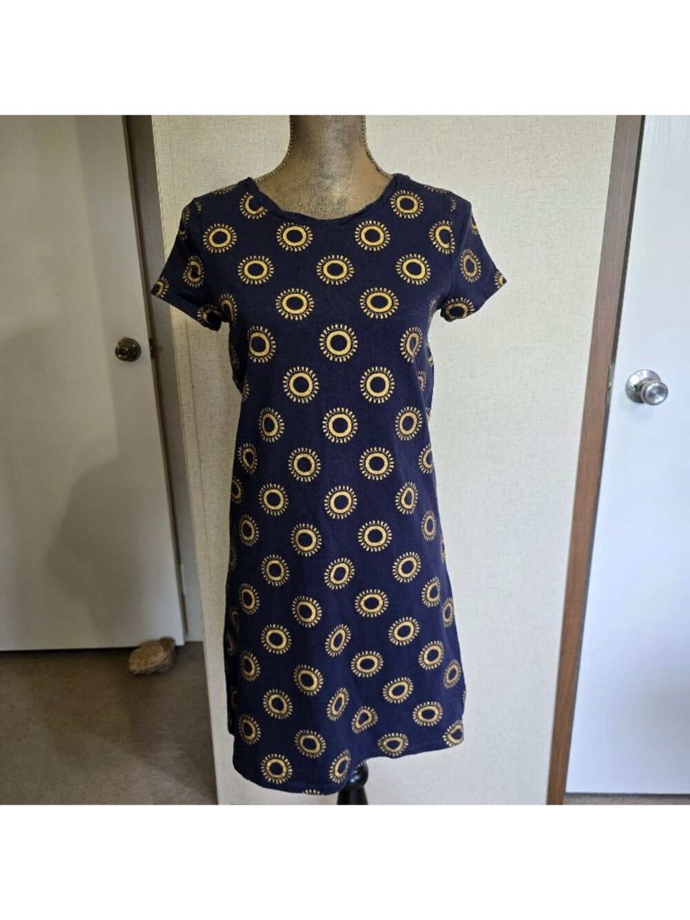 Boden US 4 Short Sleeve Navy Gold Print A-Line Cotton Jersey Knit Dress